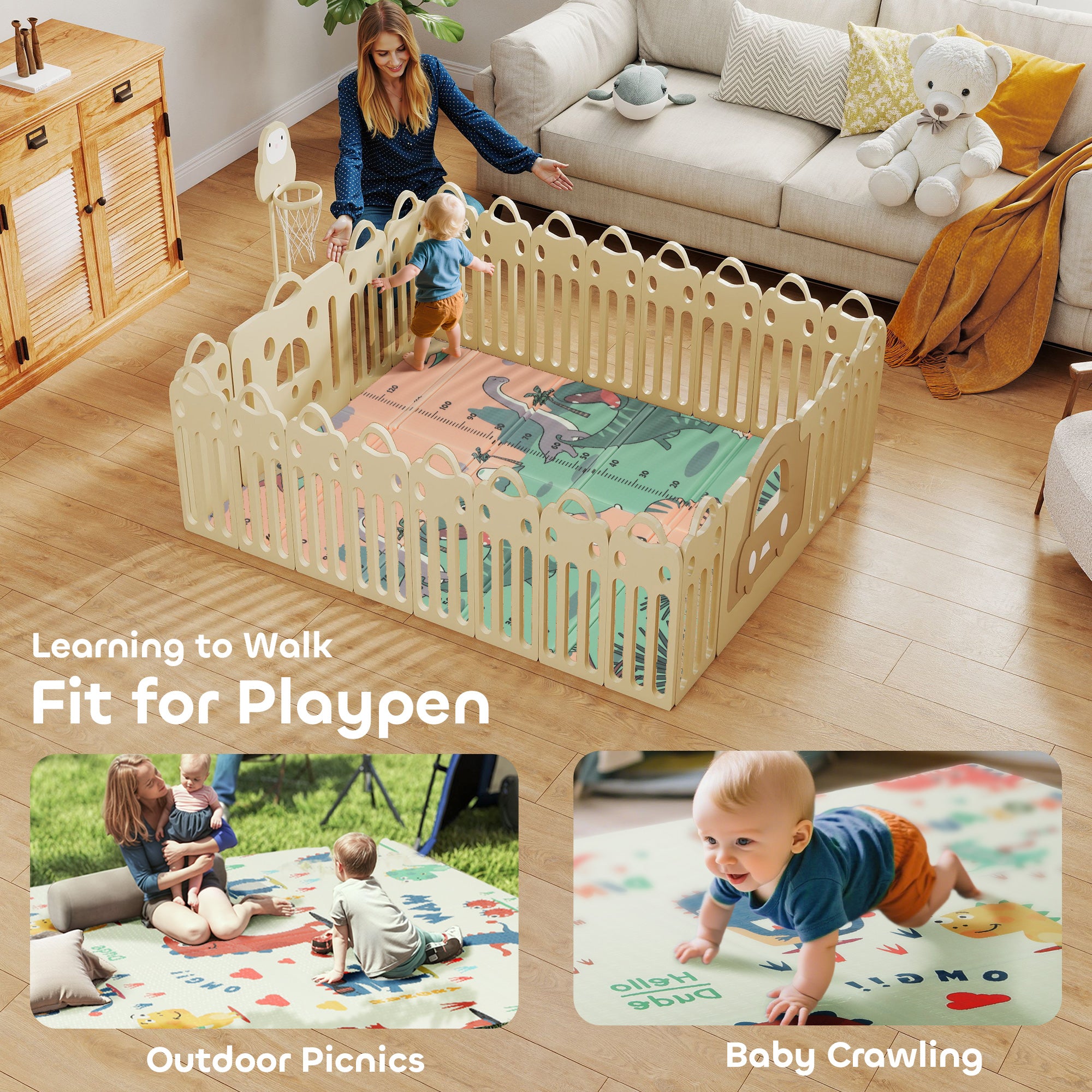 AIYAPLAY Dinosaur-Themed Baby Plat Mat Double Sided, Foldable, Water-Resistant for Outdoor/Indoor, 177 x 146 x 1.5cm