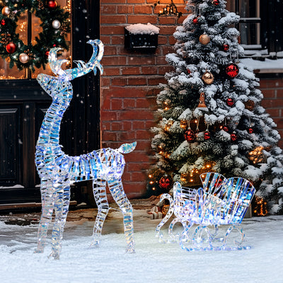 Outsunny Lighted Christmas Reindeer with Sleigh, Outdoor Yard Reindeer with 170 Warm White LED Lights, Holiday Decor with Stakes, Waterproof, Silver 