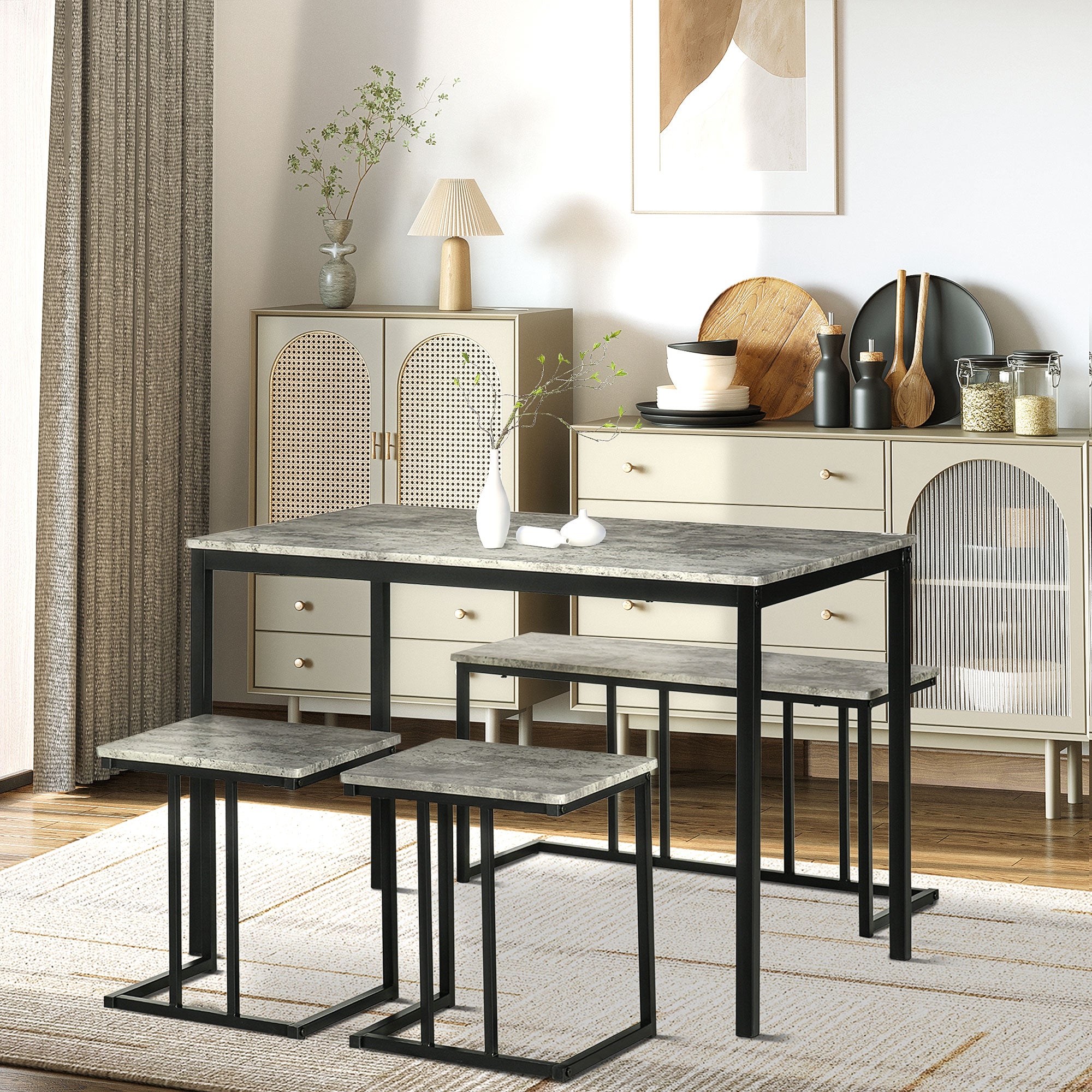 HOMCOM Dining Table and Chairs Set for 4 People, Concrete Effect Kitchen Table and Bench Set with Steel Frame, 4 Piece Dining Room Sets, Grey 