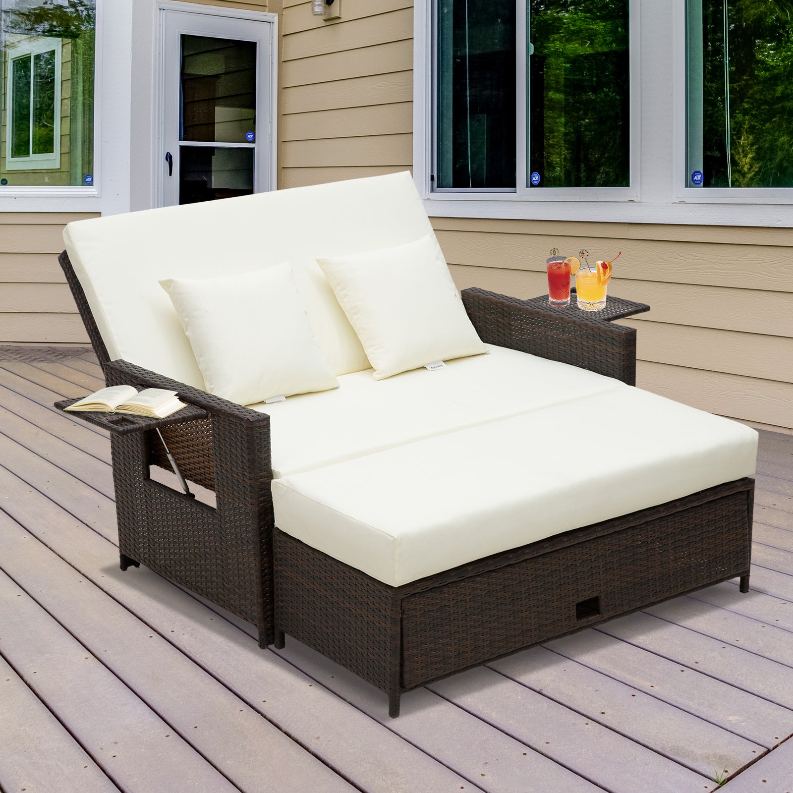 Outsunny Rattan Sun Lounger 2 Seater Day Bed-Brown 