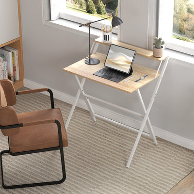 HOMCOM 81.5 cm Folding Computer Desk with Monitor Shelf - Natural Wood Finish 