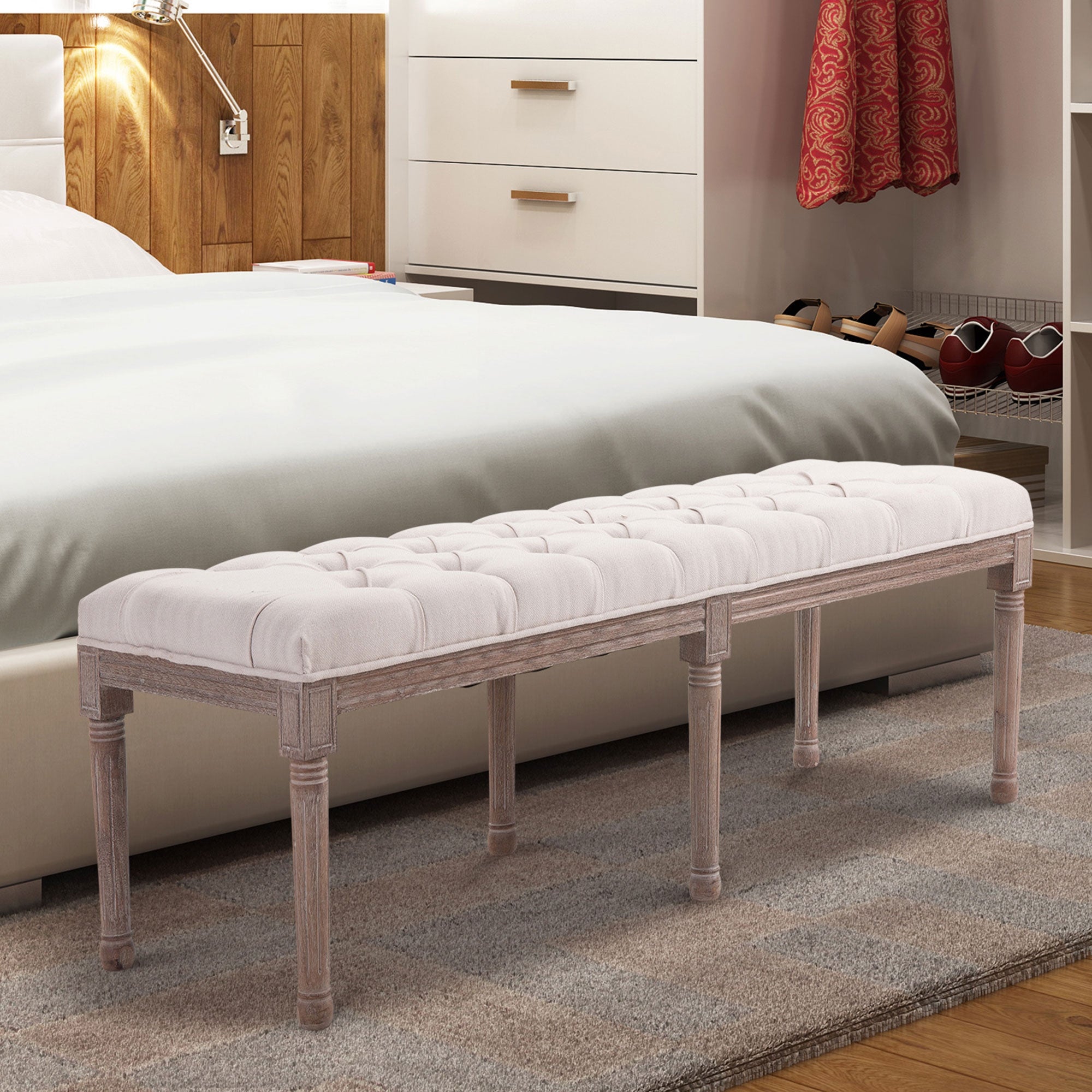 HOMCOM Bed End Side Chaise Lounge Sofa Stool Chic Button Tufted Window Hallway Seat Bench Wooden Leg Fabric Cover Padded Beige 