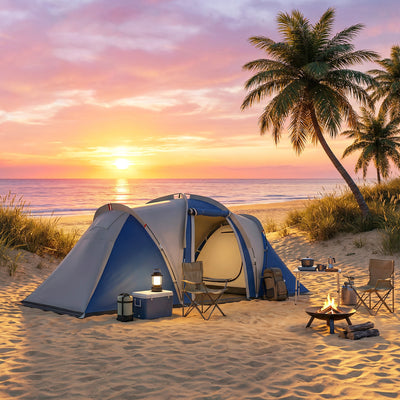 Outsunny Family Camping Tent 3000mm Waterproof Windproof Tunnel Tent 8-12 Person, Navy Blue & Light Grey 
