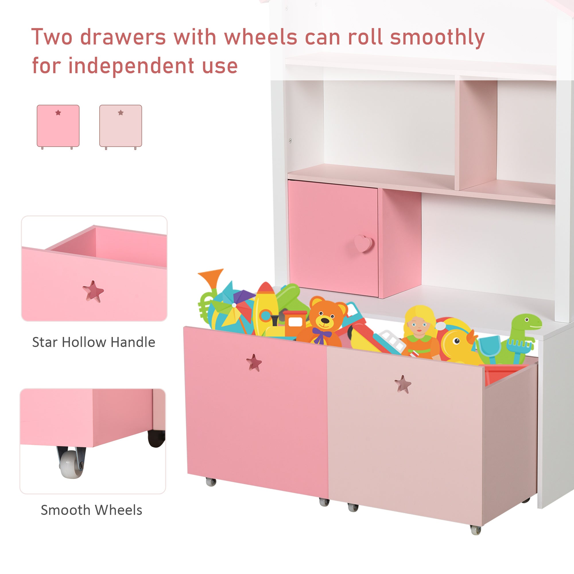 HOMCOM Kids Bookshelf Chest w/ Drawer with Wheels Baby Toy Wood Organizer Display Stand Storage Cabinet 80x34x130cm Pink 