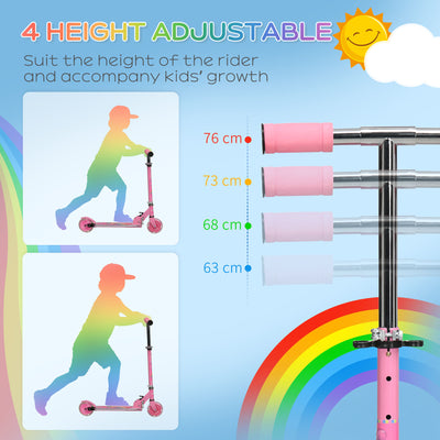 HOMCOM Kids Scooter, with Lights, Music, Adjustable Height, Foldable Frame, for Ages 3-7 Years - Pink 