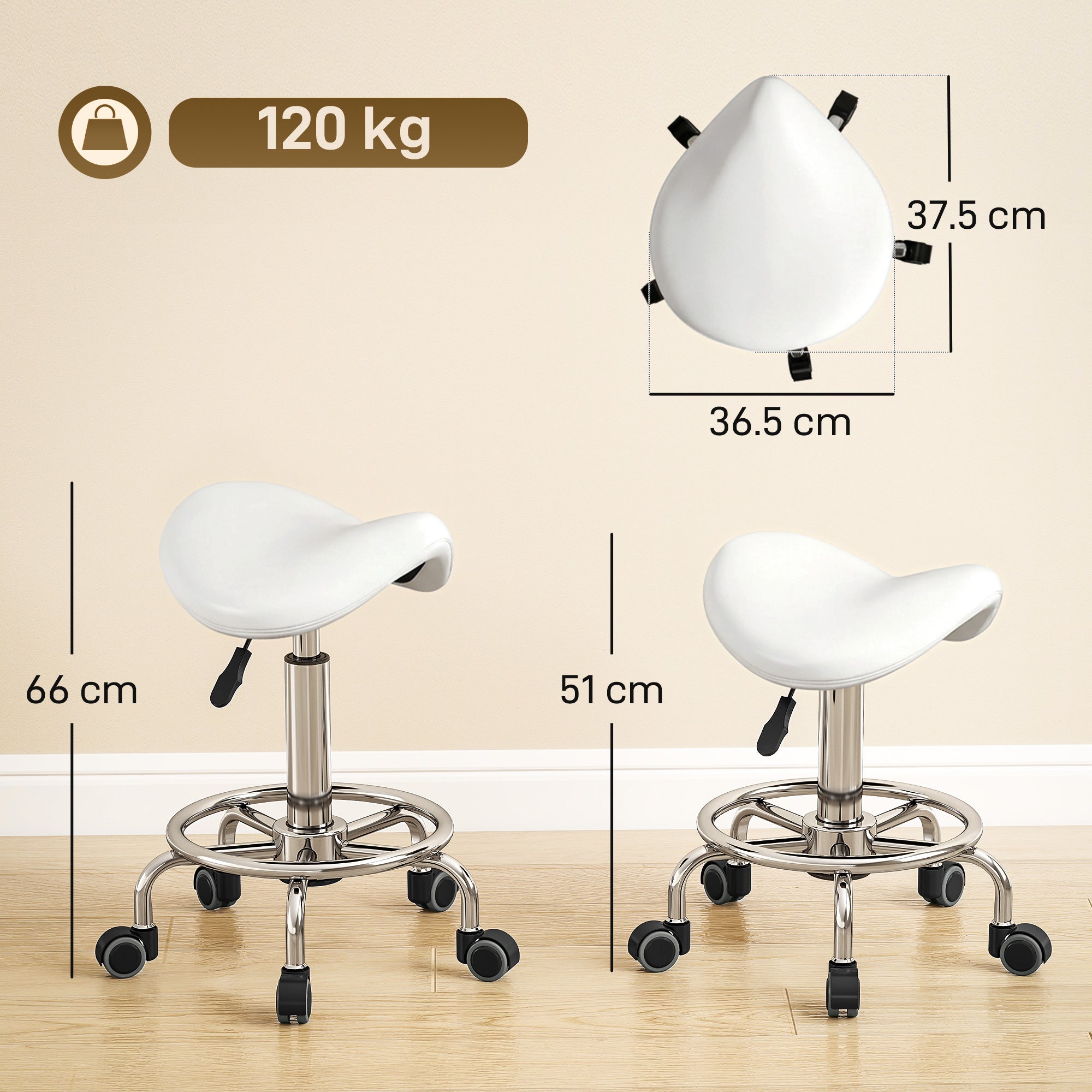 HOMCOM Salon Saddle Stool, Rolling Saddle Chair for Massage, Spa, Clinic, Beauty, Hairdressing and Tattoo, White 