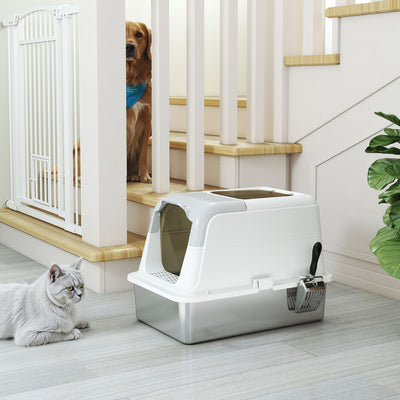 PawHut Extra Large Stainless Steel Litter Box, Enclosed Cat Litter Tray with Scoop, Deodorizer Bag, Front-Entry and Top-Exit 