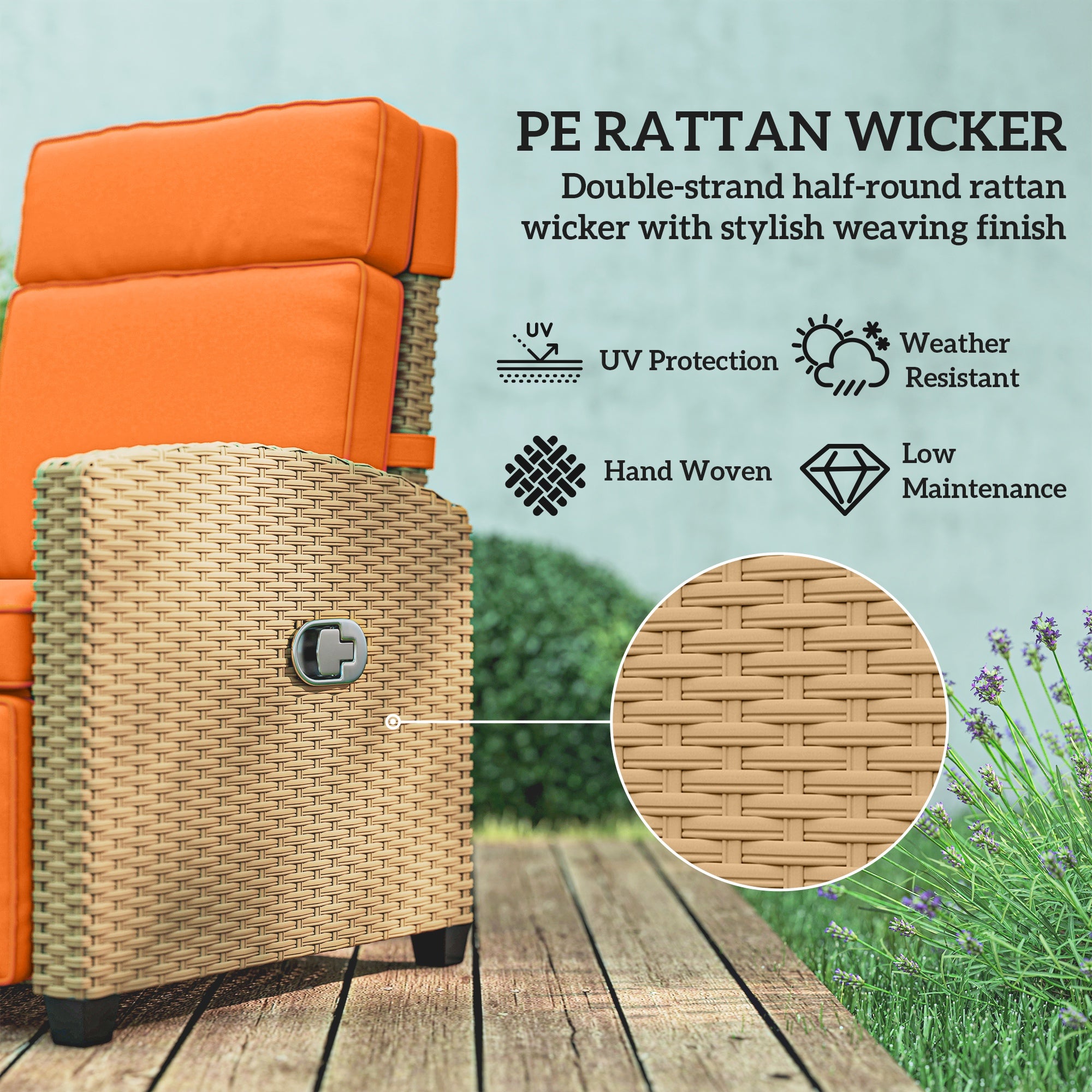 Outsunny 145° Reclining Rattan Armchair, with Footrest - Khaki/Orange 