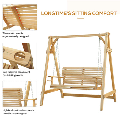 Outsunny 2 Seater Garden Swing Seat Larch Wood Swing Chair Hammock Bench Lounger - Natural 