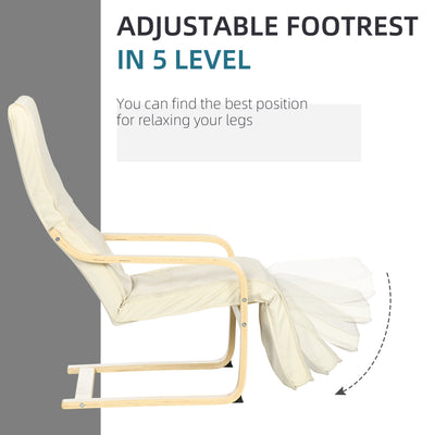 HOMCOM Wooden Lounging Chair Deck Relaxing Recliner Lounge Seat with Adjustable Footrest & Removable Cushion, Cream White 