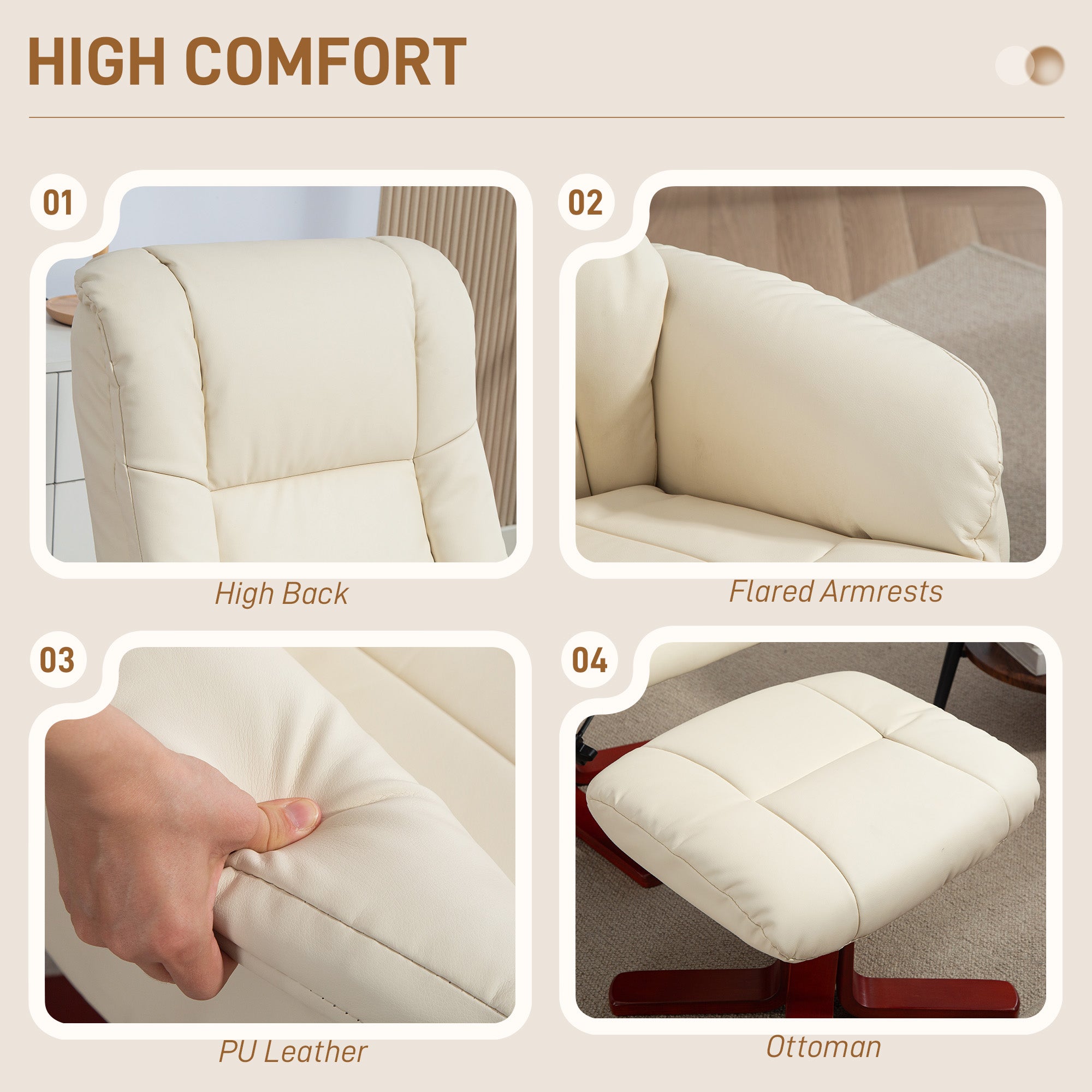 HOMCOM Rocking Recliner Chair with Footstool, PU Leather Recliner Armchair with Wood Base, Upholstered Reclining Chair for Living Room Bedroom, Cream