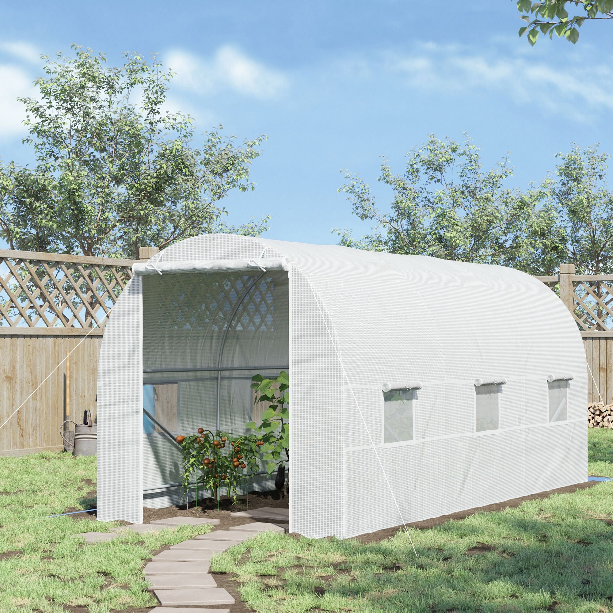 Outsunny 4.5 x 2 x 2 m Polytunnel Greenhouse, Walk-in Green House for Garden with Mesh Windows, Galvanised Steel Frame, White 
