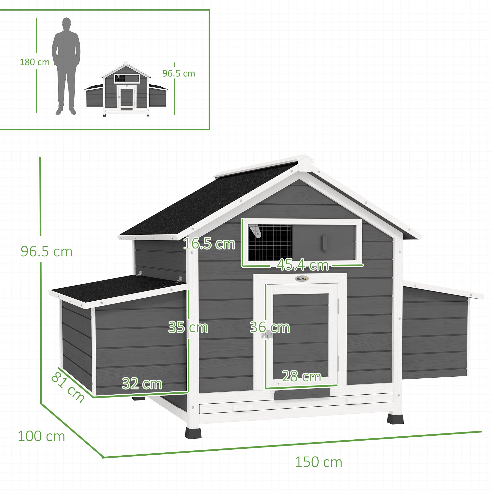 PawHut Chicken Coop, Wooden Outdoor Hen House with Nesting Box, Openable Waterproof Top, Pull-Out Tray, 150 x 100 x 97cm 