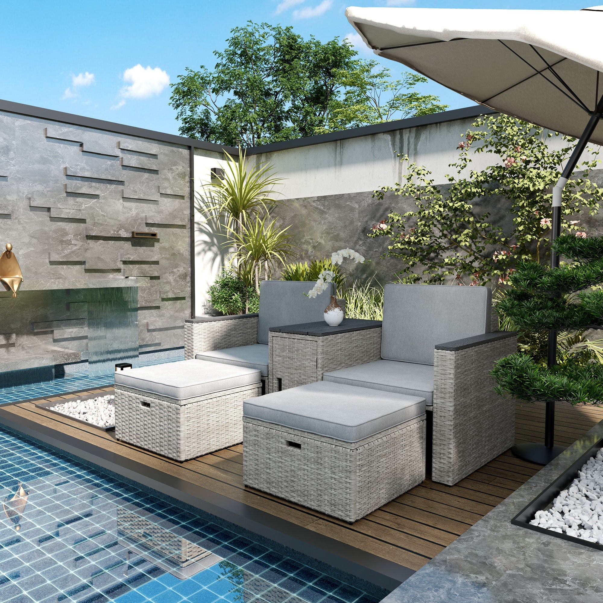 Outsunny 5 Piece Rattan Garden Furniture Set, Nesting Outdoor Furniture Conversation Set with 2 Footstools, WPC Storage Coffee Table and Cushions, Wicker Garden Sofa for Conservatory, Terrace, Grey 