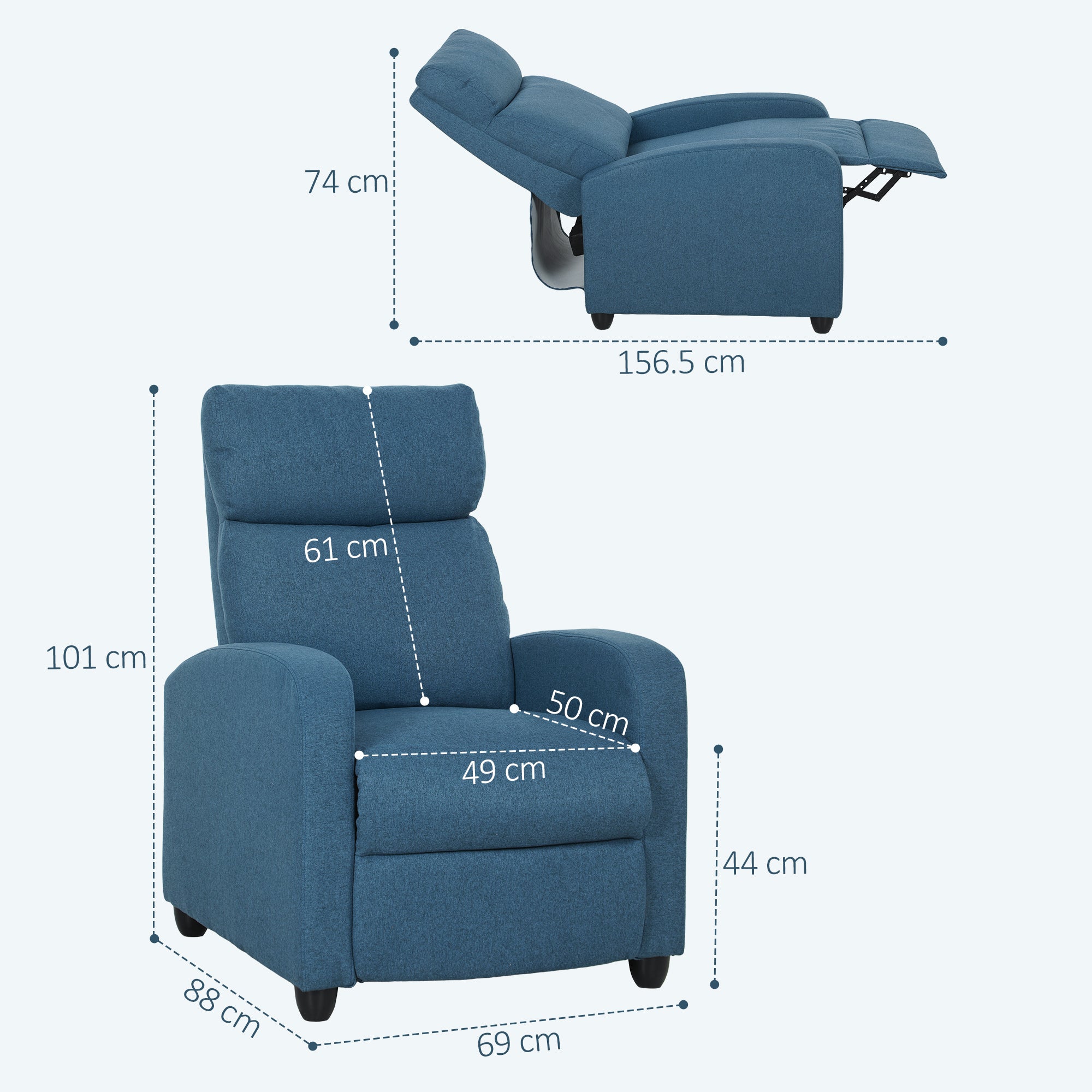 HOMCOM 135° Push Back Recliner Armchair, with Footrest - Blue