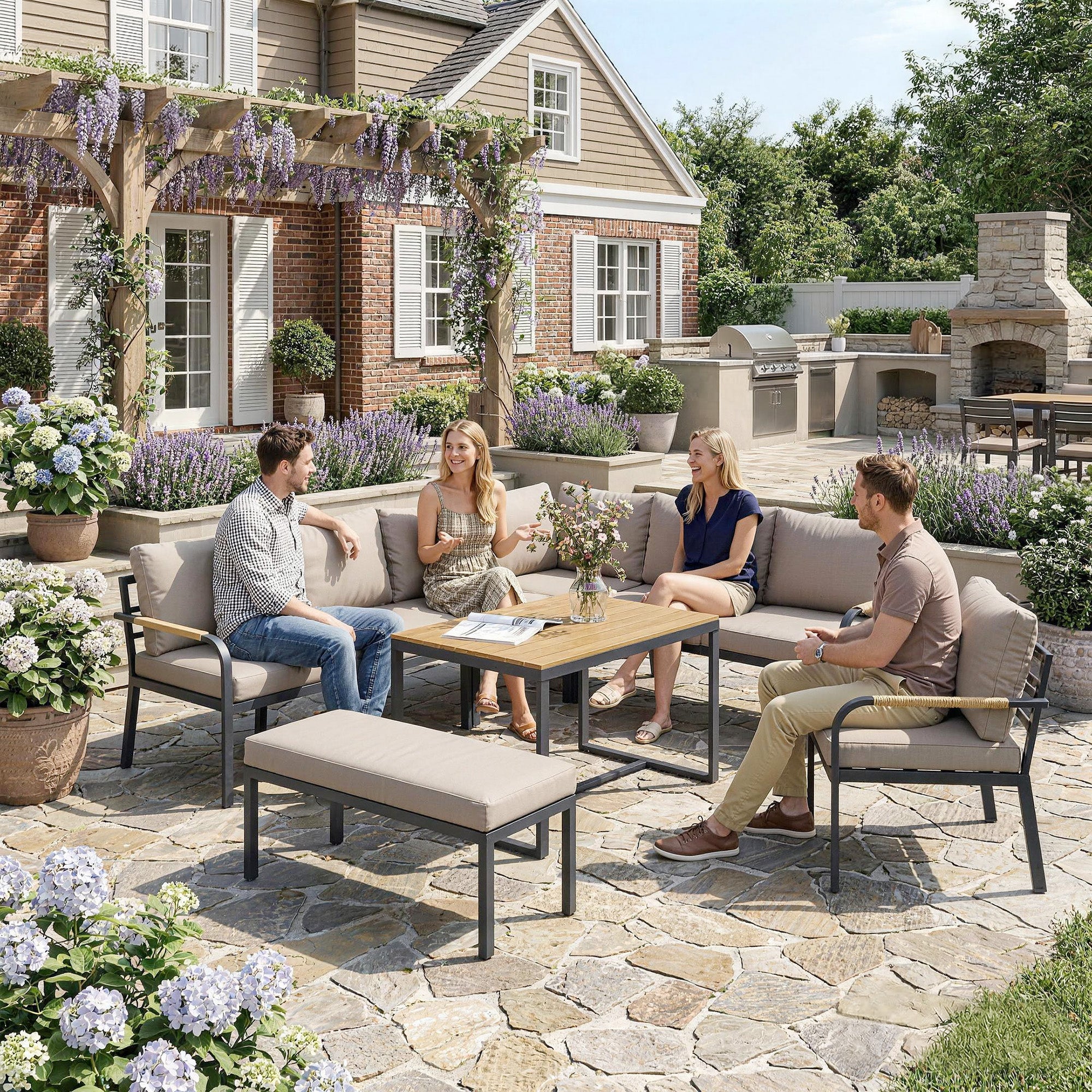 Outsunny 7 Seater Garden Furniture Set, Metal Garden Sofa Set with Cushions, Outdoor Furniture Conversation Sets, Khaki 