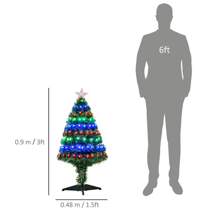 HOMCOM 3 Feet Prelit Artificial Christmas Tree with Multi-Coloured Fiber Optic LED Light, Holiday Home Xmas Decoration, Green 