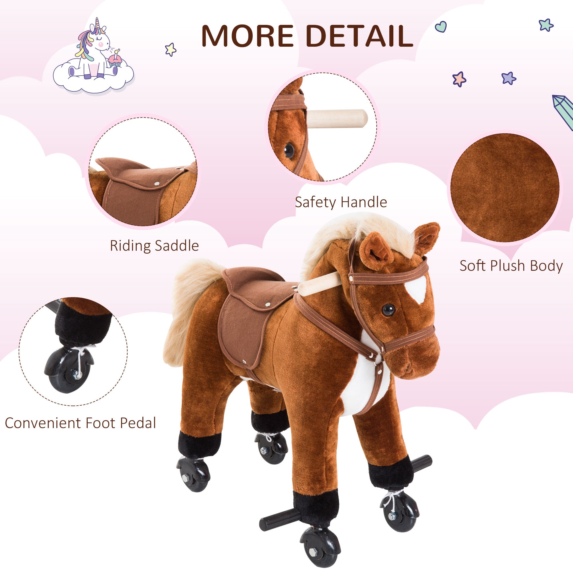 HOMCOM Rocking Horse Kids Ride on Walking Horse Animal Pony Wheeled Riding Plush Toy w/Sound for 3 Years and Up (Brown) 