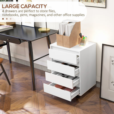 HOMCOM Four-Drawer Office Filing Cabinet, with Wheels - White 