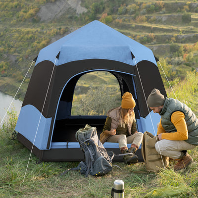 Outsunny Double Layer Dome Tent with Rainfly and Welded Floor, 4 Man Hexagon Pop Up Tent, Portable Camping Shelter with Hang Hook and Carry Bag, for Festival Hiking Family, Blue and Black 