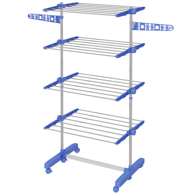 HOMCOM Four-Shelf Collapsing Clothes Horse, With Side Arms and Wheels - Blue 