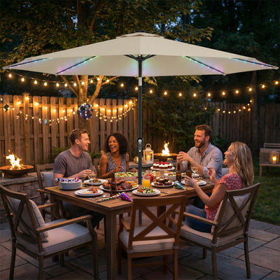 Outsunny 3 m Garden Parasol Umbrella with 112 Solar Powered LED Lights, Patio Umbrella with Crank Handle, Beige 