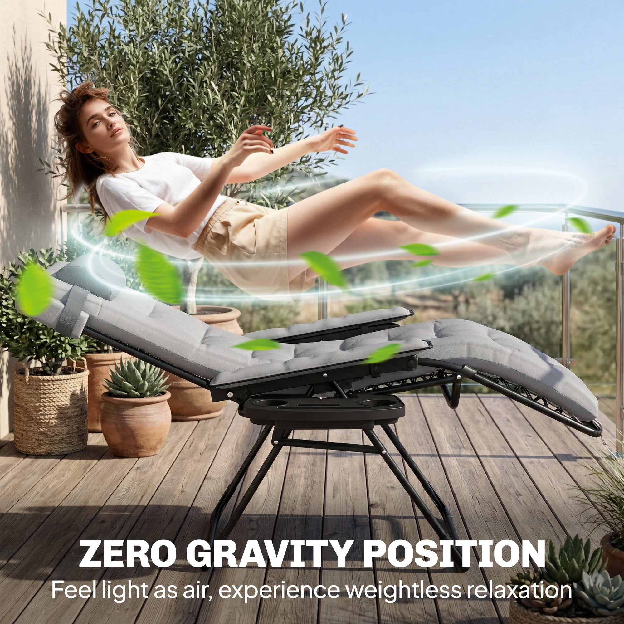 Outsunny Zero Gravity Chair, Folding Sun Lounger Reclining Garden Chair with Arm Pads, Cushion, Cup Holder, Headrest, Light Grey 