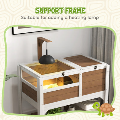PawHut Wooden Tortoise House, with Shelter, Run, Shelf, Lamp Holder, Tray - Brown 