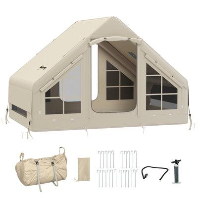 Outsunny Inflatable Camping Tent with Pump, Easy Setup 2-4 Person Blow Up Tent, Waterproof Luxury Inflatable Tent with Mesh Windows, Doors, Hook and Carry Bag, Beige 
