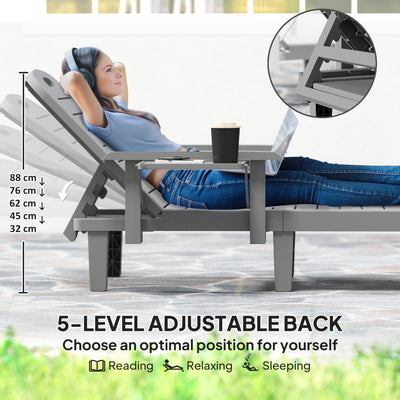Outsunny Set of 2 Resin Reclining Sun Loungers for Garden, 5 Positions Adjustable Outdoor Chaise Lounge Chairs with Wood Texture Surface, Armrests, Foldable Side Table for Garden, Beach, Dark Grey 