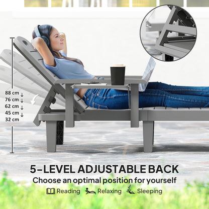Outsunny Set of 2 Resin Reclining Sun Loungers for Garden, 5 Positions Adjustable Outdoor Chaise Lounge Chairs with Wood Texture Surface, Armrests, Foldable Side Table for Garden, Beach, Dark Grey 