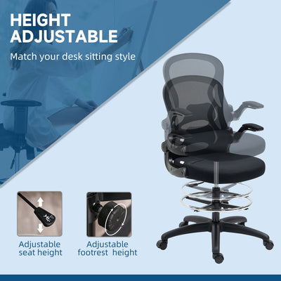 Vinsetto Adjustable Mesh Standing Desk Chair with Flip-up Armrests Lumbar Support Armrests Adjustable Footrest Ring Black 