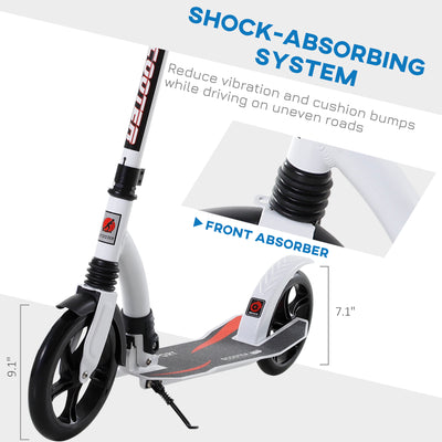 HOMCOM Foldable Kick Scooter with Double Shock Absorption and Big Wheels, Height Adjustable Aluminium Frame Big Wheel Scooter for 14+ Teens Adult - White 
