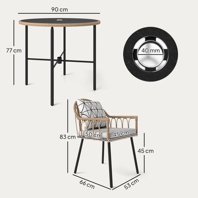 Outsunny 5 Piece Patio Rattan Dining Set, Wicker Garden Table and Chairs w/ Removable Seat & Back Cushions, Round Tempered Glass Tabletop, Parasol Hole, Outdoor Furniture Conservatory Set, Light Brown 