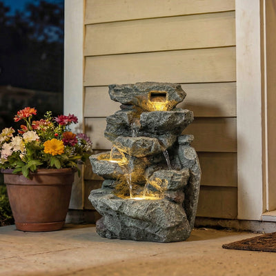 Outsunny Outdoor Fountain with 6-Tier Rock Design, Waterfall Feature with LED Lights, Resin Freestanding Garden Fountain, Grey 