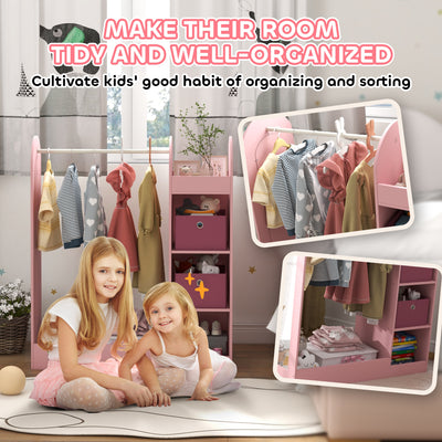 AIYAPLAY Kids Clothes Rail with Storage Shelf, Boxes, Mirror for Bedroom, Nursery, Pink 