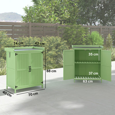 Outsunny Wooden Garden Shed, Garden Tool Storage Shed with Hinged Roof and Shelf, Outdoor Storage Cabinet with Double Doors, Light Green 
