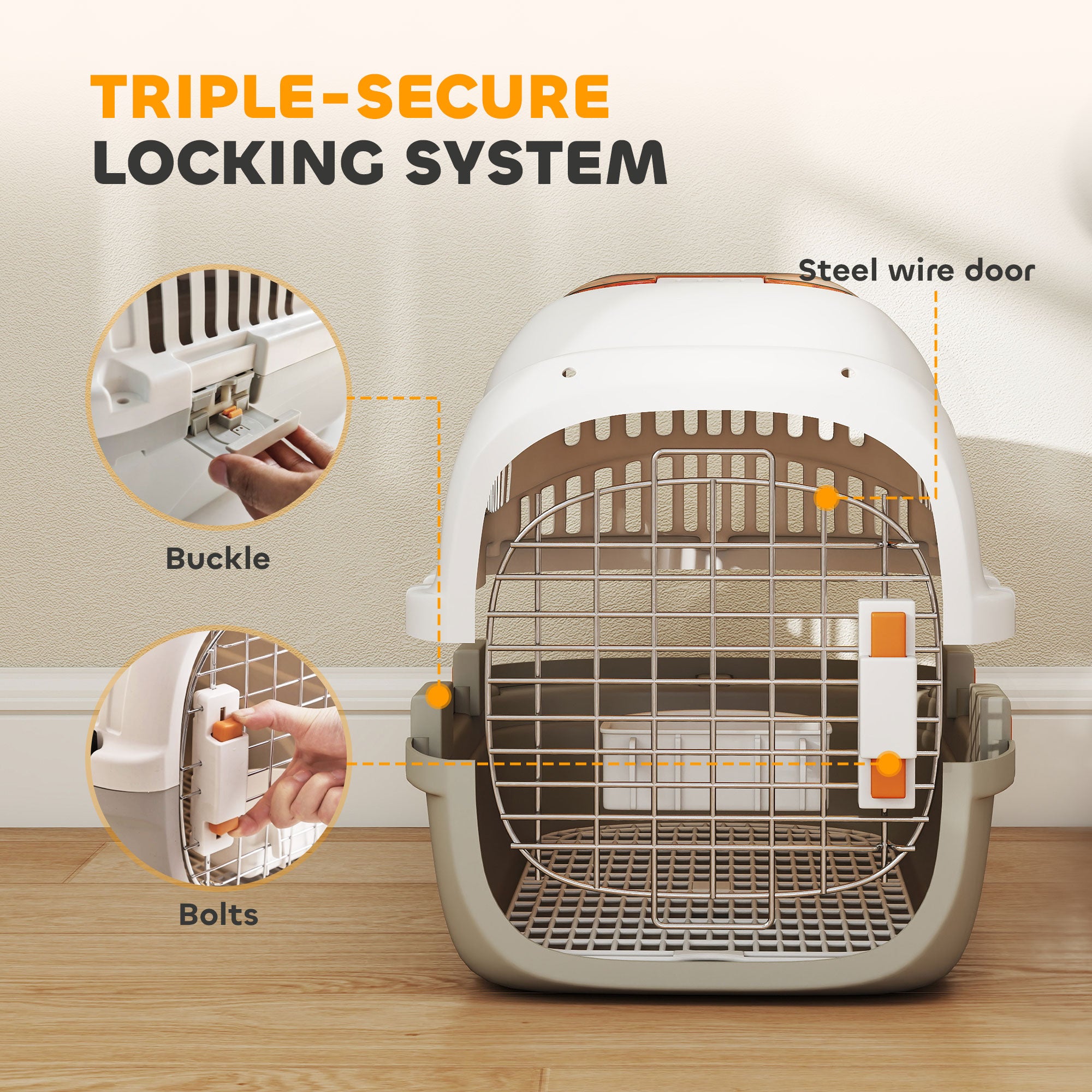 PawHut Plastic Pet Carrier Hard Shell Dog Cat Carrier Max 4 KG Steel Door Feed Bowl Secure Lock 49 x 32 x 31 cm 