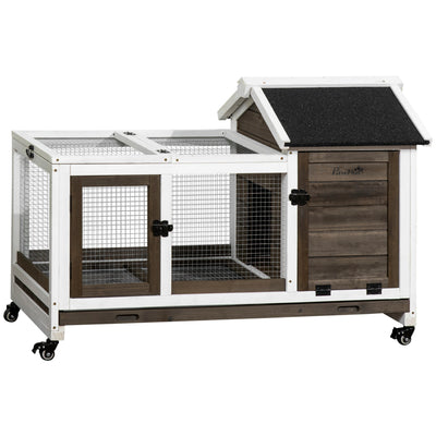 PawHut Wooden Rabbit Hutch, Guinea Pig Cage, with Removable Tray, Wheels - Brown 