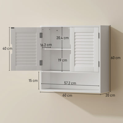 HOMCOM Bathroom Cabinet, Wall Mounted Storage Cabinet with Adjustable Shelves, 60 x 20 x 60 cm, White 