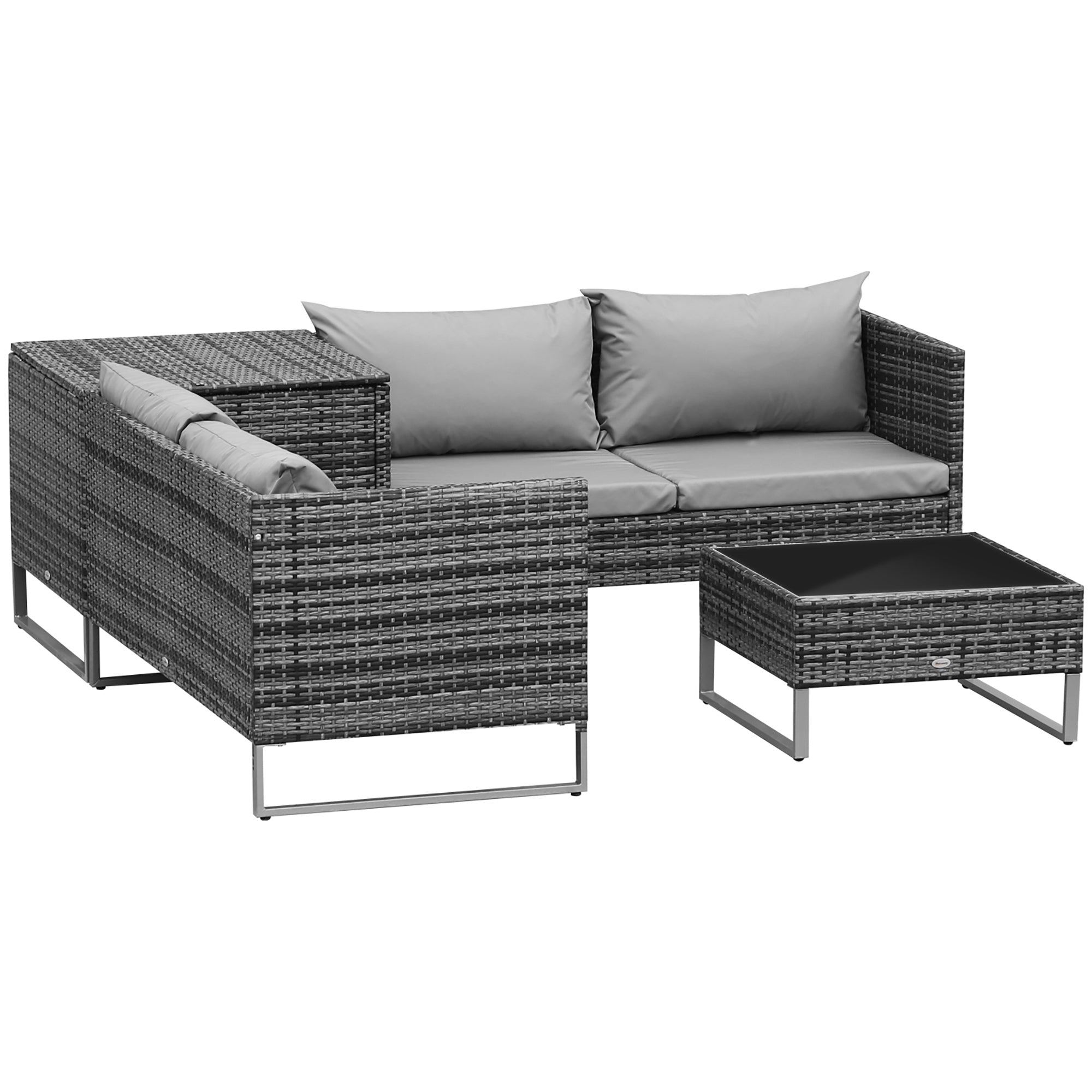 Outsunny 4 PCs Garden Rattan Wicker Outdoor Furniture Patio Corner Sofa Love Seat and Table Set  with Cushions Side Desk Storage - Mixed Grey 
