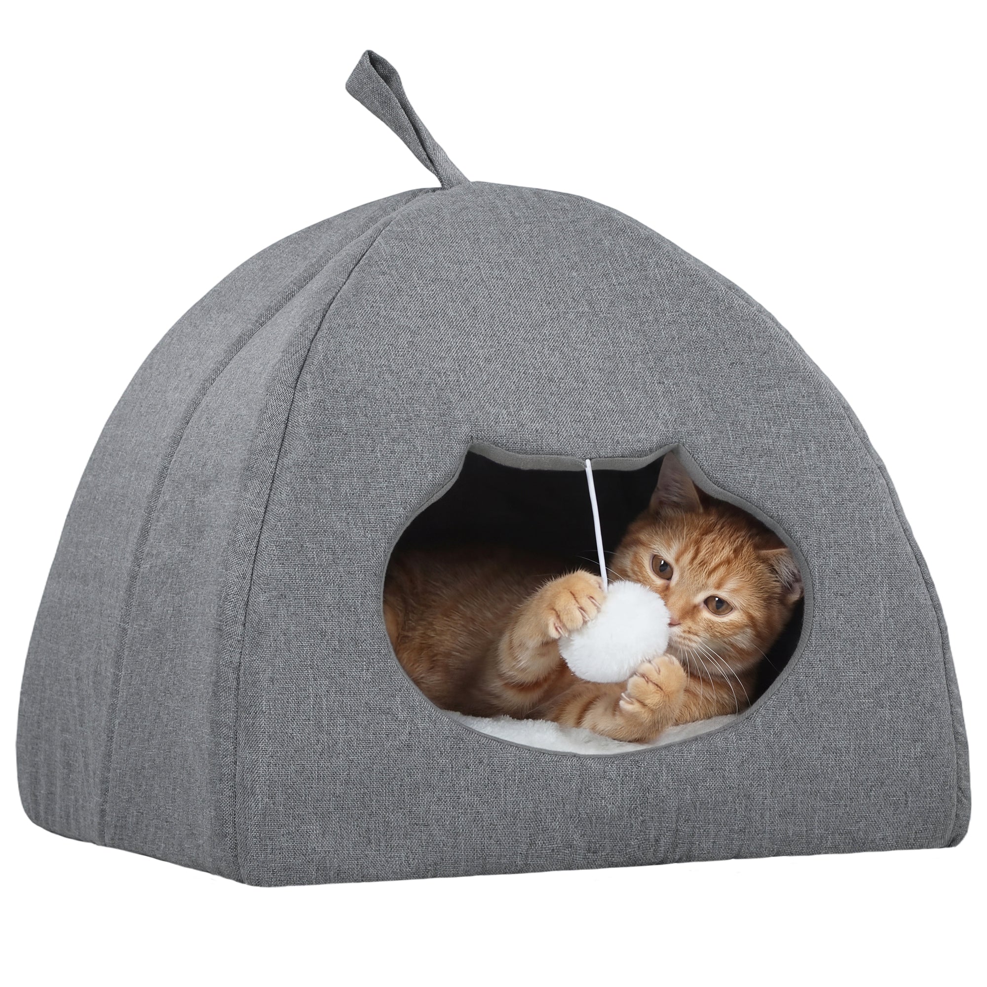 PawHut Cat Cave Bed for Indoor Kittens, Cat House with Removable Cushion and Teaser Ball, Kitty Igloo with Anti-Slip Base, 42 x 42 x 39 cm, Grey 