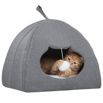 PawHut Cat Cave Bed for Indoor Kittens, Cat House with Removable Cushion and Teaser Ball, Kitty Igloo with Anti-Slip Base, 42 x 42 x 39 cm, Grey 