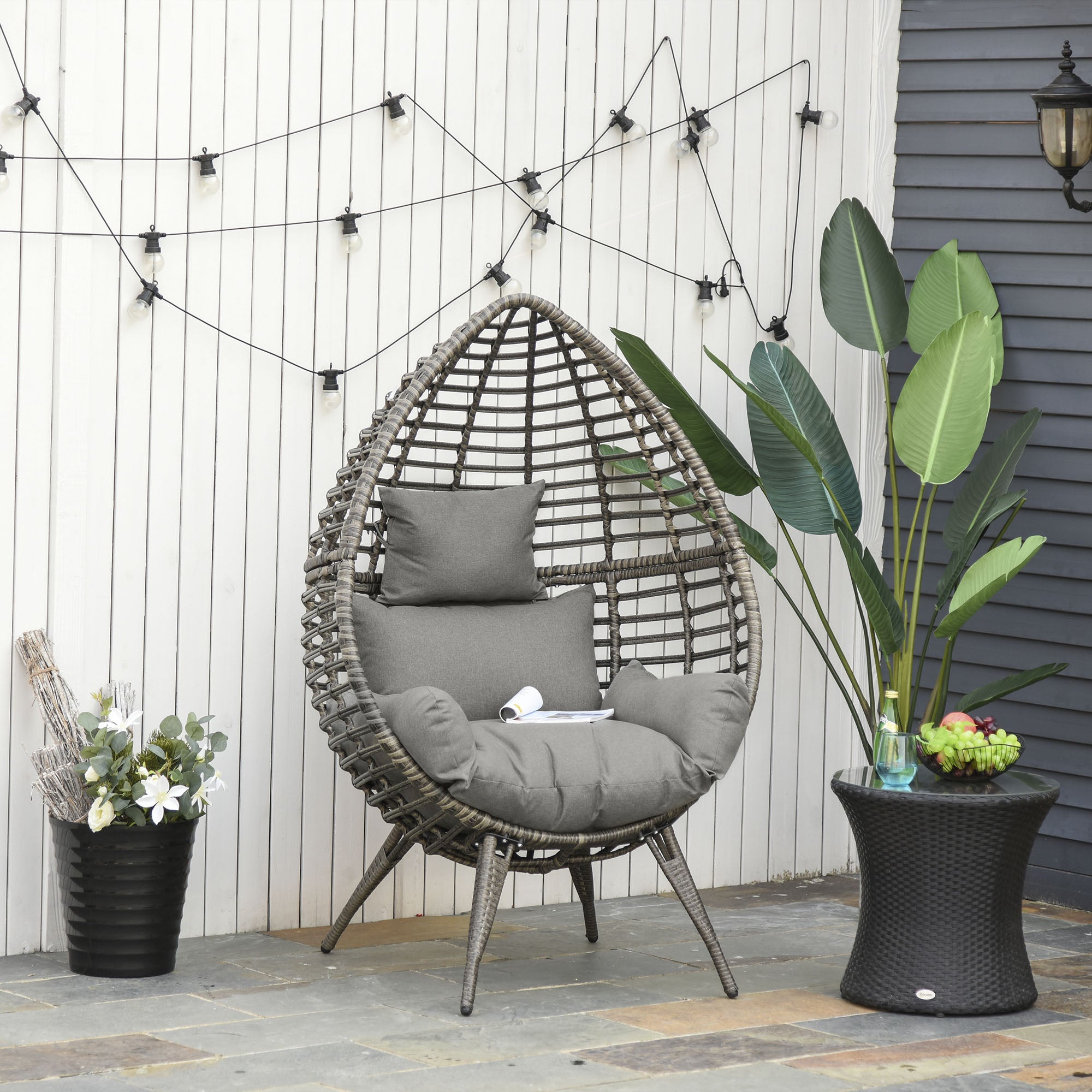 Outsunny Teardop PE Wicker Rattan Chair w/ Thick Cushions 4 Legs Outdoor Seat Egg Garden 