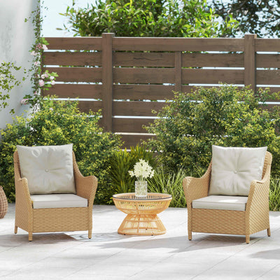 Outsunny Rattan Garden Chairs Set of 2, Outdoor Rattan Chairs with Cushions, Armrests and High Back, PE Wicker Garden Armchair with Steel Frame for Balcony, Porch, Beige 