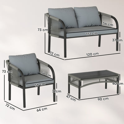 Outsunny 4 Piece Rattan Garden Furniture Set with Loveseat, Armchairs, Table, Steel Frame Wicker Patio Conversation Set, Grey 