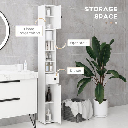 kleankin 180cm Tall Bathroom Cabinet, Slim Bathroom Storage Cabinet with 4 Open Shelves, 2 Door Cupboards and Adjustable Shelves, White 