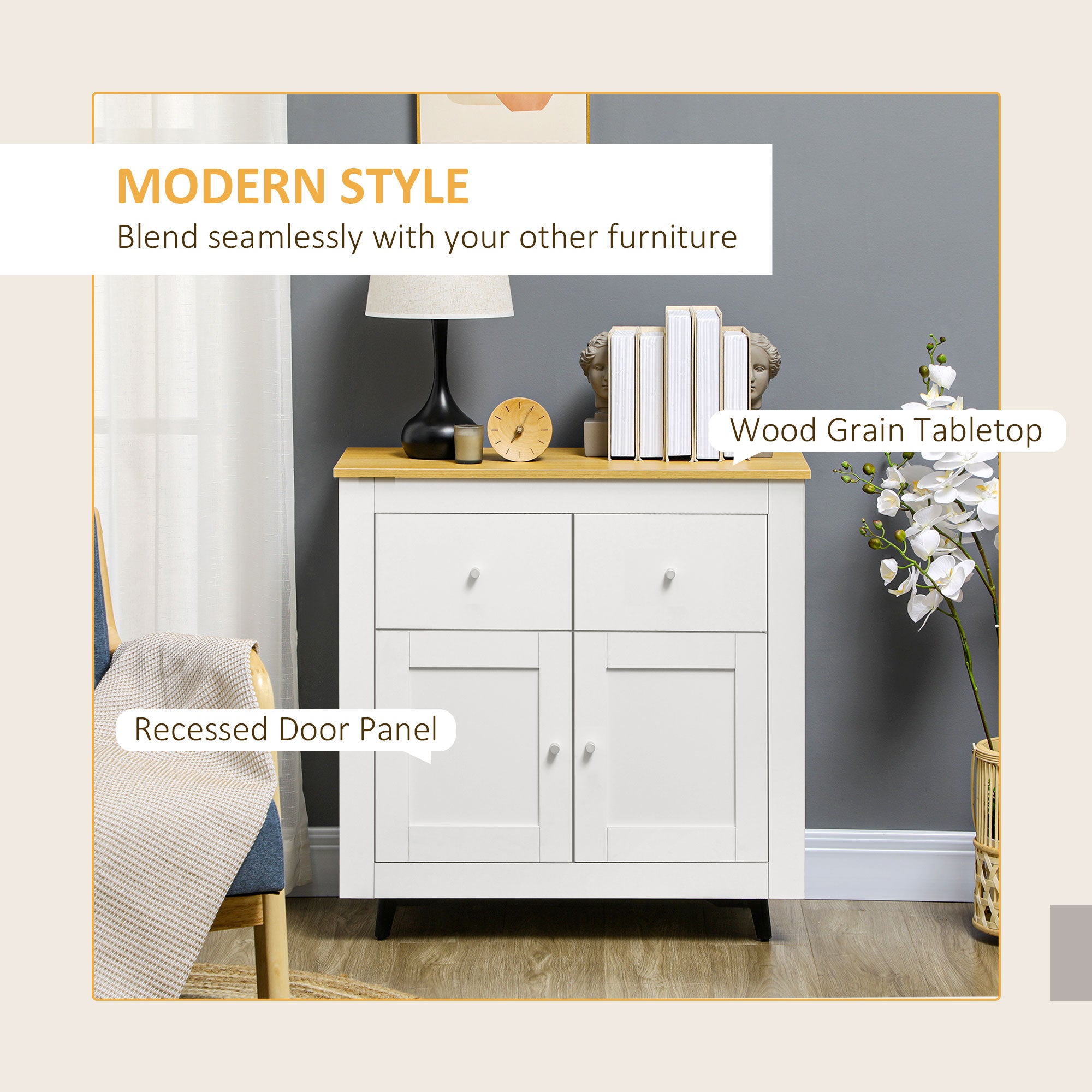 HOMCOM Sideboard Storage Cabinet, Modern Kitchen Cupboard with Double Doors and Drawers for Dining Room, Living Room and Entryway, White 