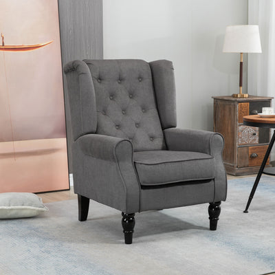 HOMCOM Retro Accent Chair, Wingback Armchair with Wood Frame Button Tufted Design for Living Room Bedroom, Dark Grey 
