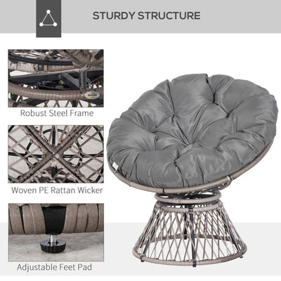 Outsunny 360\'c2\'b0 Swivel Rattan Papasan Moon Bowl Chair Round Lounge Garden Wicker Basket Seat with Padded Cushion Oversized for Outdoor Indoor, Grey 